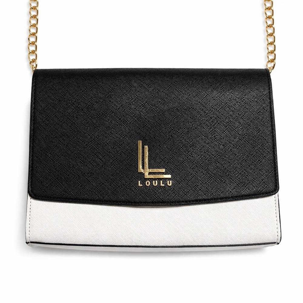 Loulu Black White Colorblock Faux Leather Crossbody Bag Gold Chain Strap New